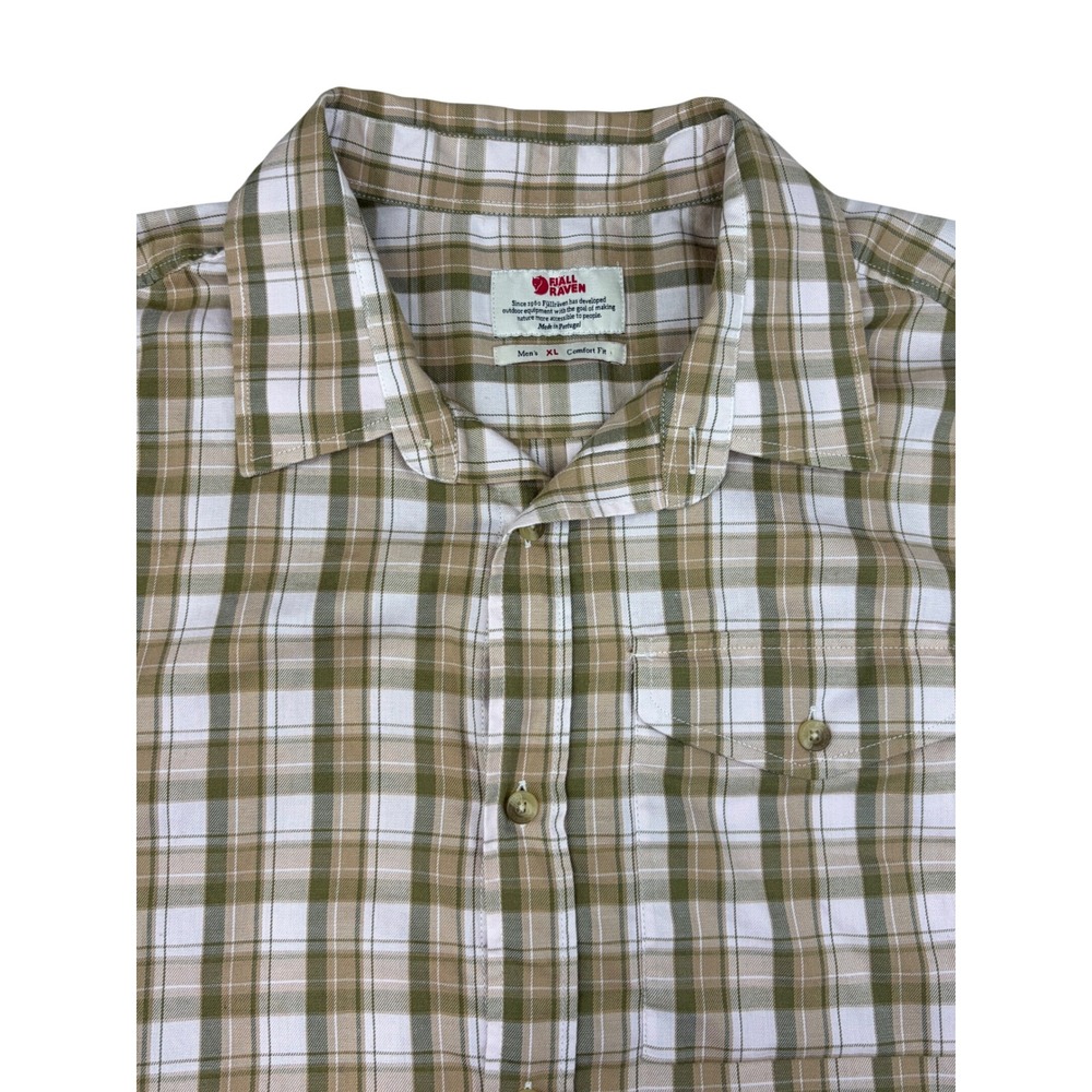 Fjallraven Mens Comfort Fit Button Up Shirt XL Green Tan Plaid Short Sleeve